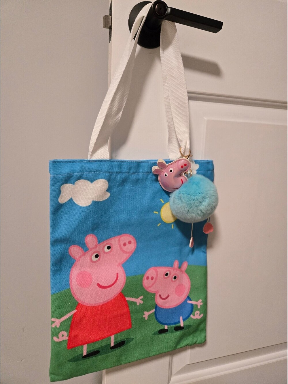 Peppa Pig Blue Canvas Tote Bag with Pom Keychain